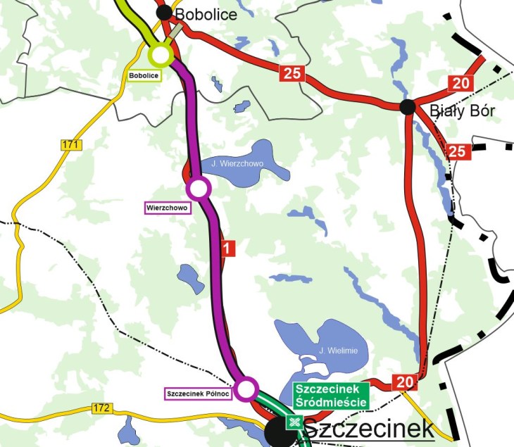 Mapa drogi ekspresowej S11 Bobolice–Szczecinek